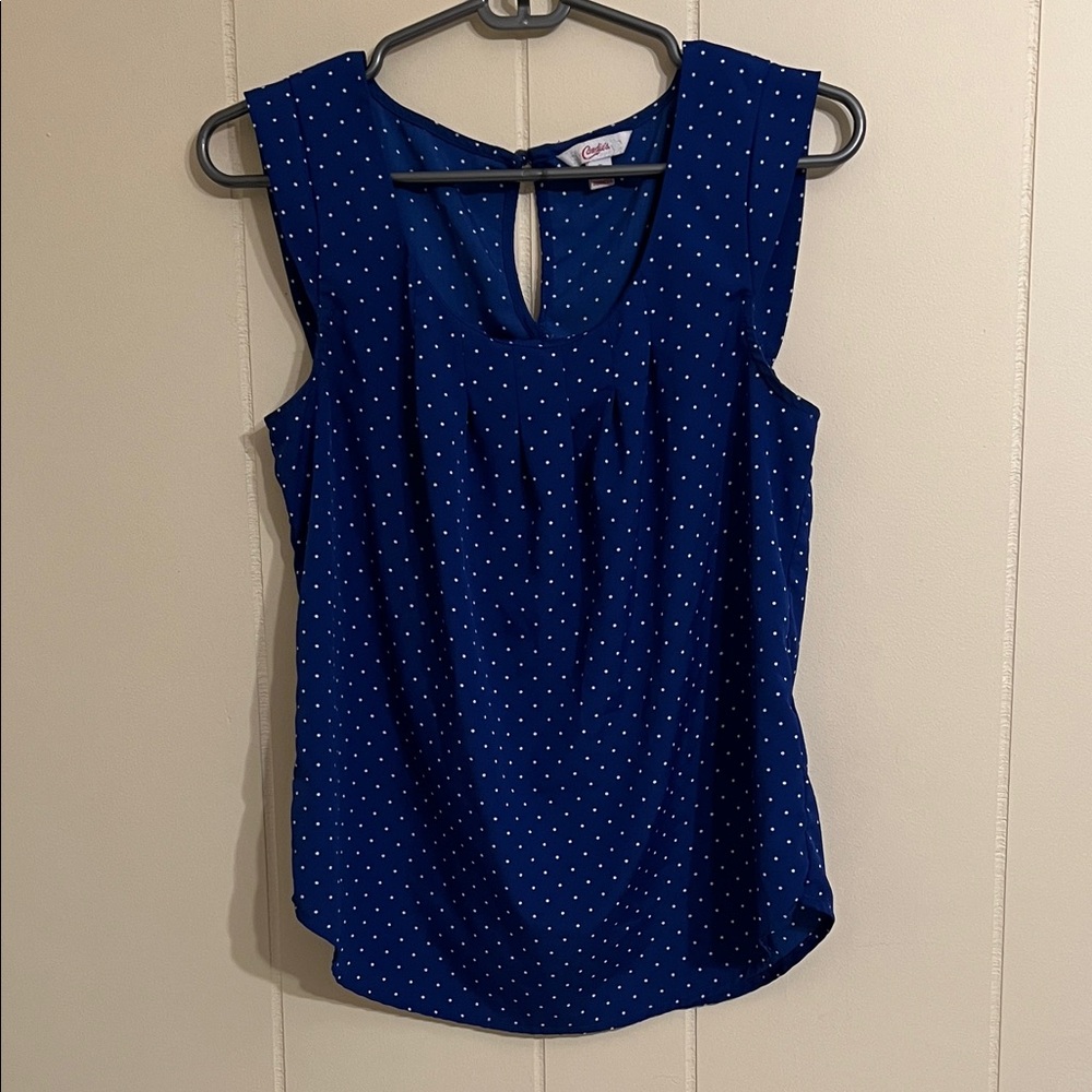 NWOT Candie's Blue Sleeveless Blouse with White Dots Size S